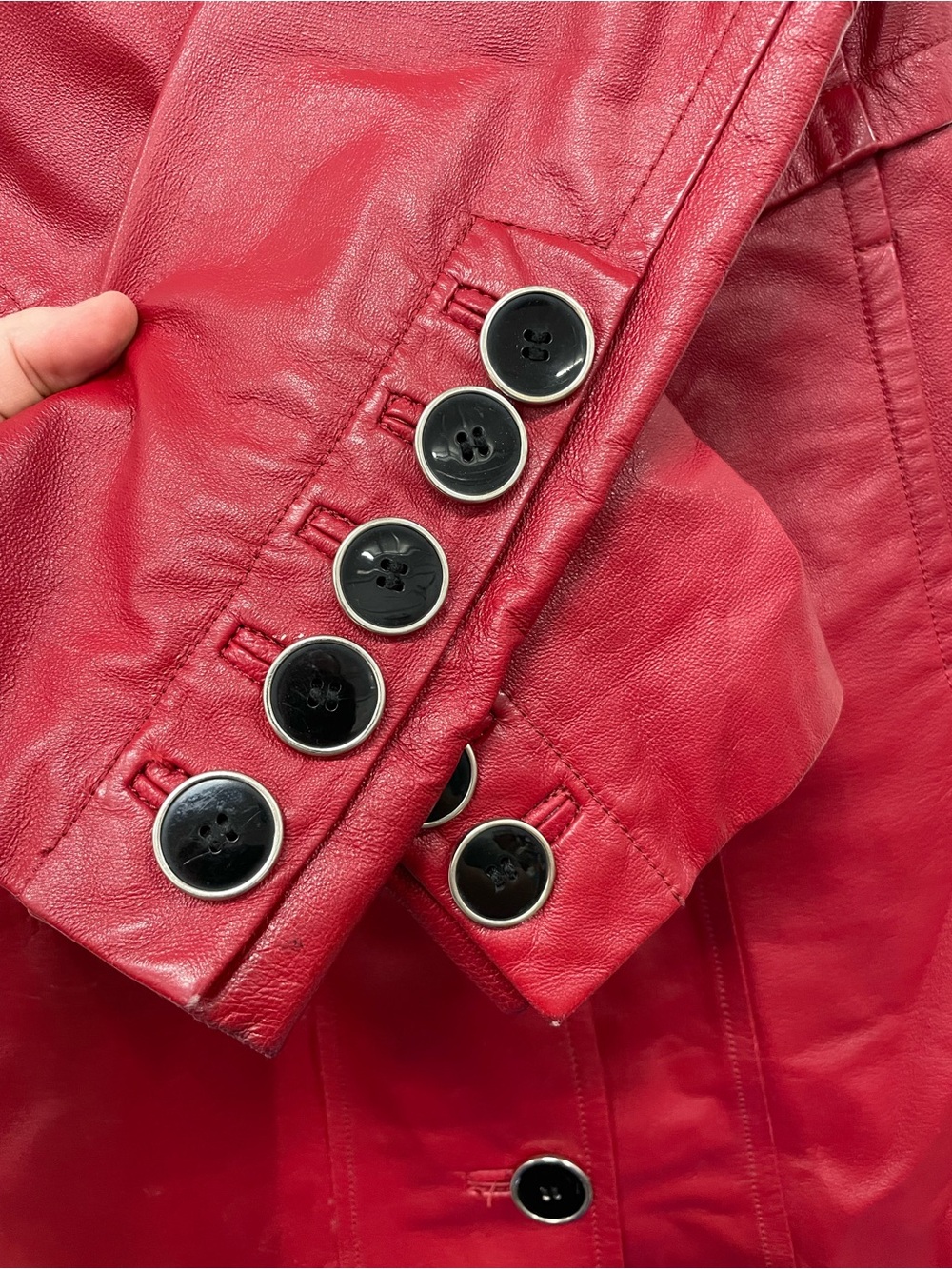Vintage Danier Red Leather Button-Front Lined Trench Coat, Size XS - Picture 6 of 12